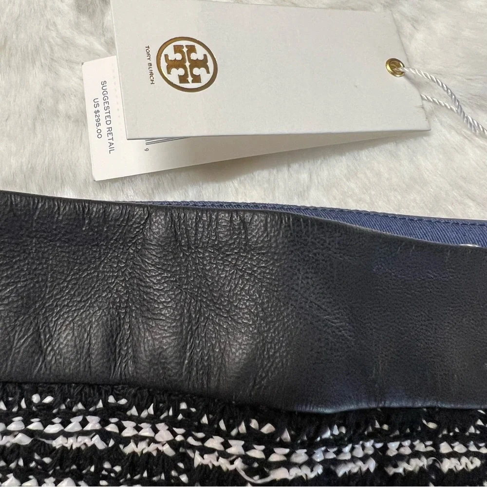 Tory Burch Tweed Raffia Fringe Stripe Skirt Leather Trim Black/White Size 6 NWT!